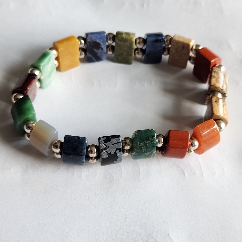 Rare Multi Color Gem Stones and Sterling Silver Stretch Bracelet